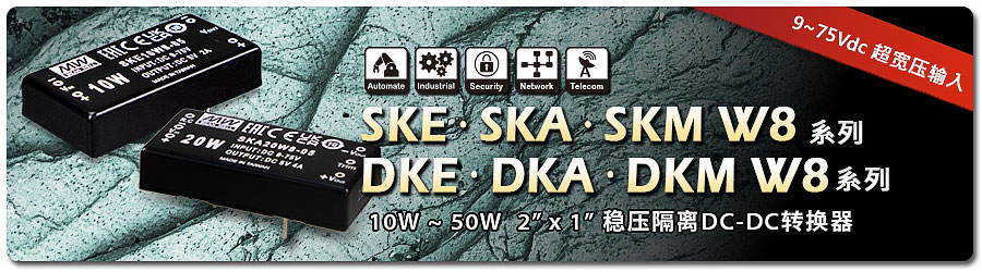 1W~50W 完整功率的 8:1 模块型 DC-DC SKE/SKA/SKM/DKE/DKA/DKM W8系列